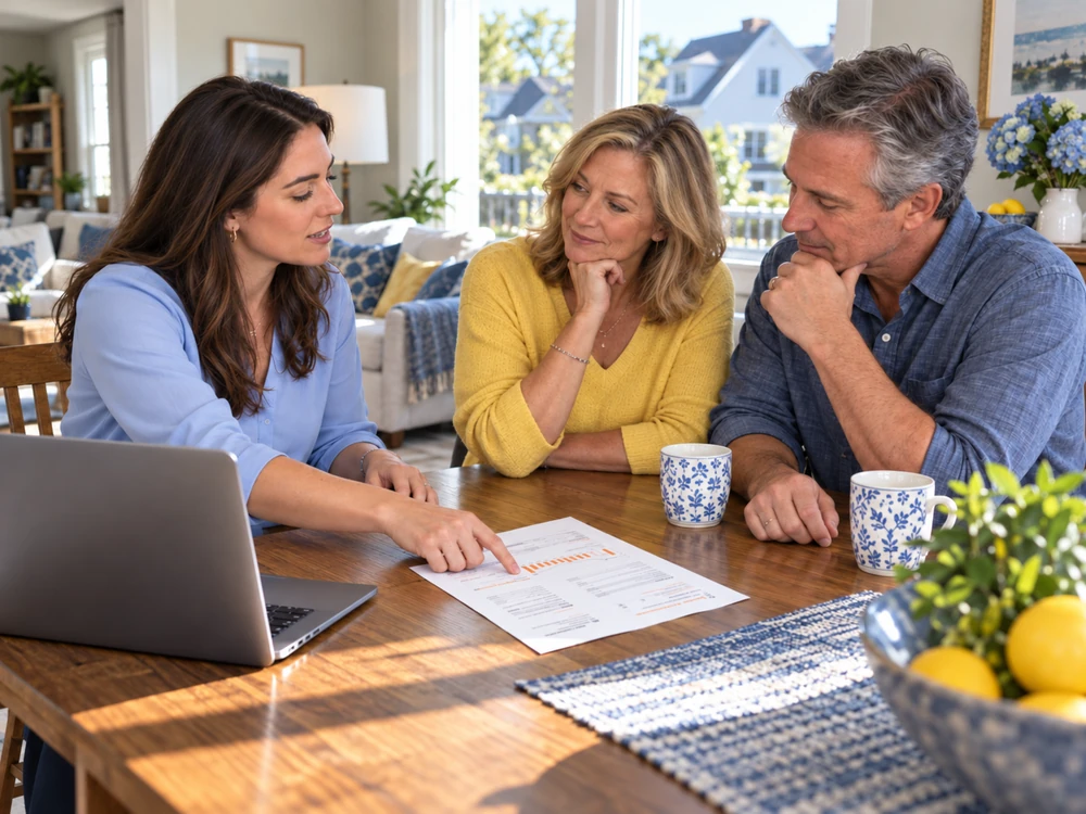 An illustrative photograph of a GSQ consultant pointing to a usage chart on an electricity bill facing the homeowners.