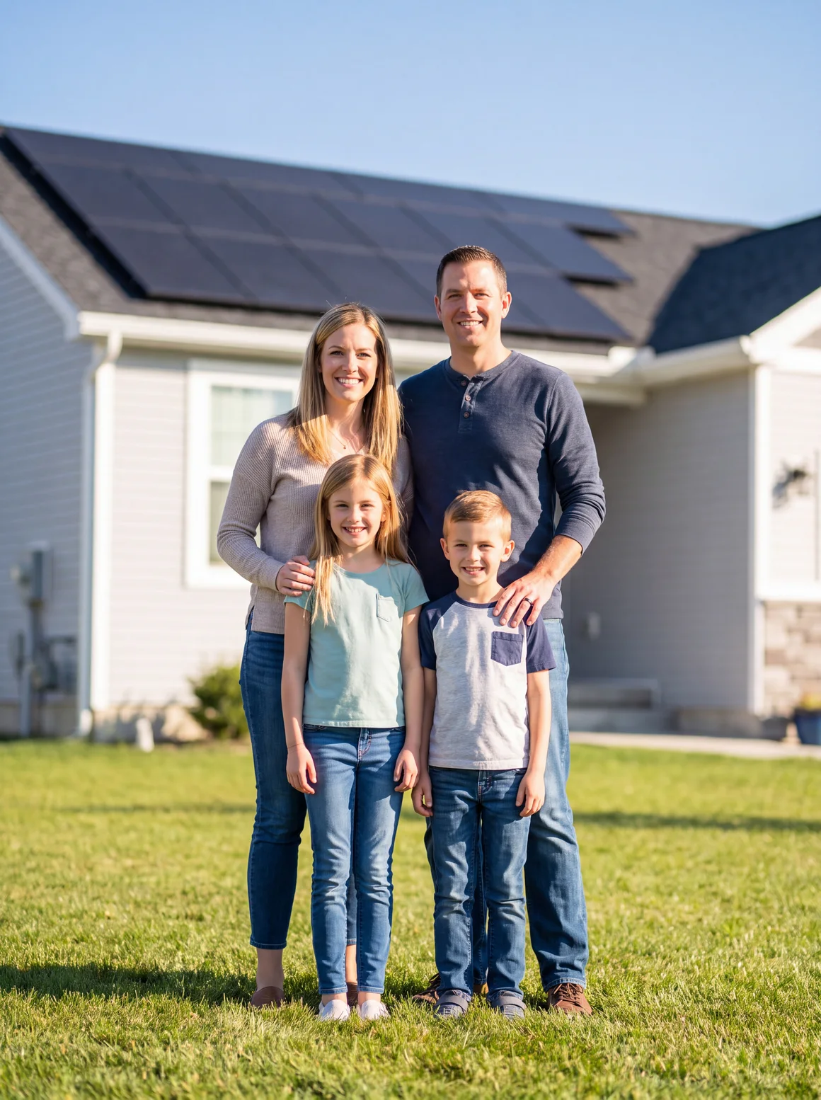 A family of four outside their solar-powered home