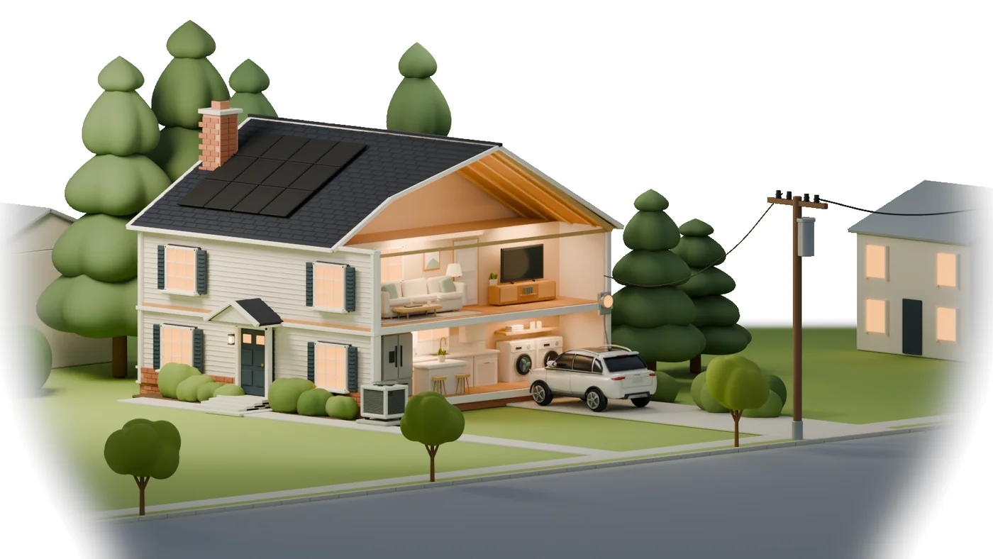 A softly styled cutaway home with rooftop solar, visible rooms, pine trees and a connection to the street grid.